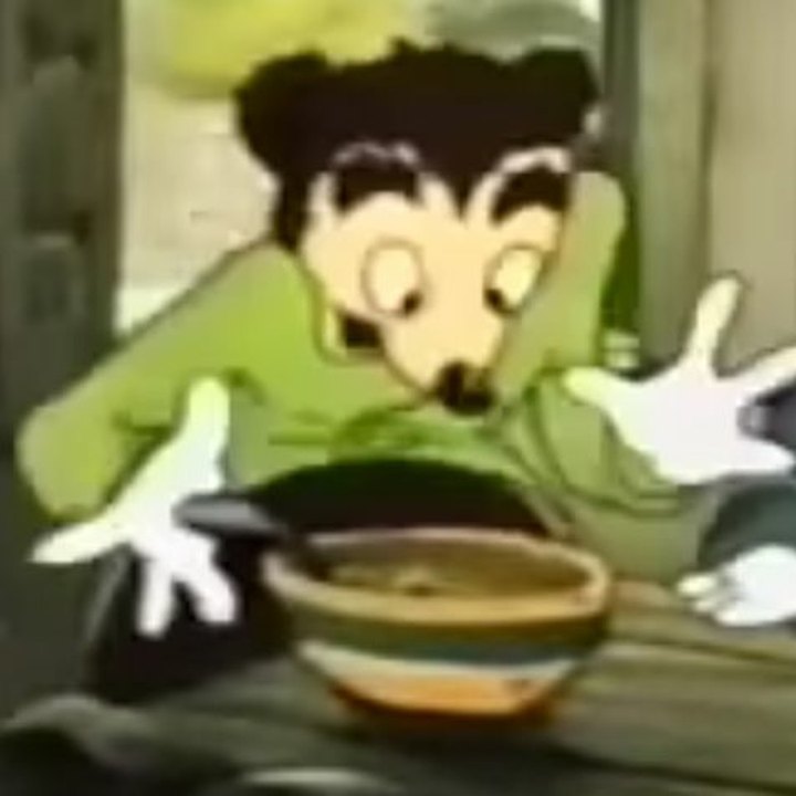 Cartoon character leaning protectively over a bowl of spaghetti