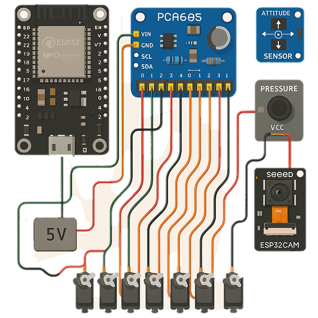 Wiring schematic: ESP32, PWM driver, sensors and servos