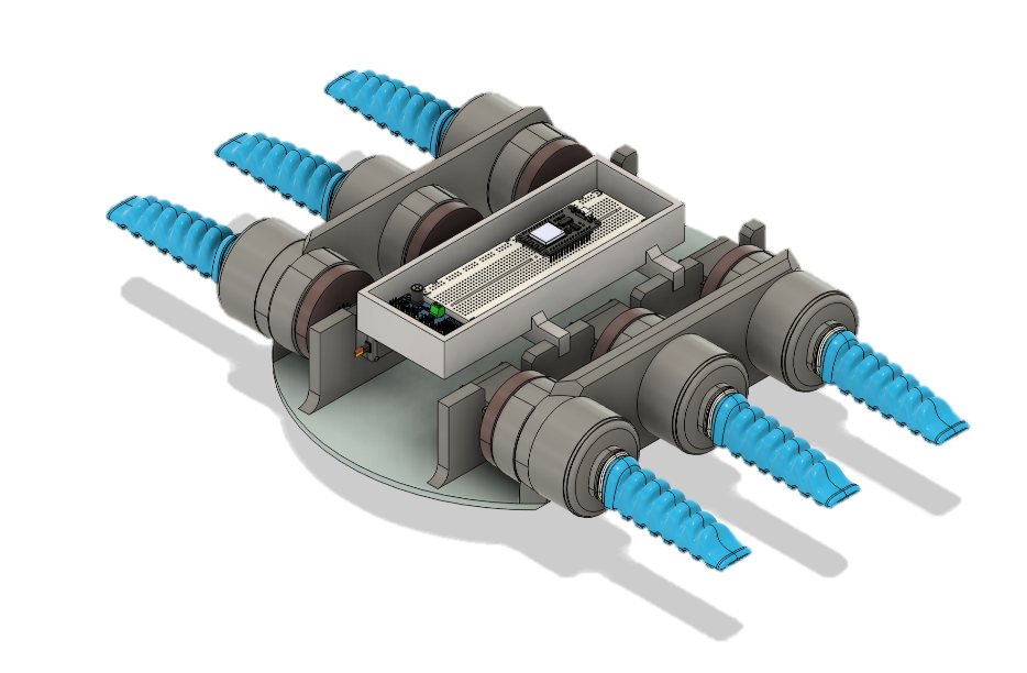 3D render of the soft underwater robot with blue silicone limbs