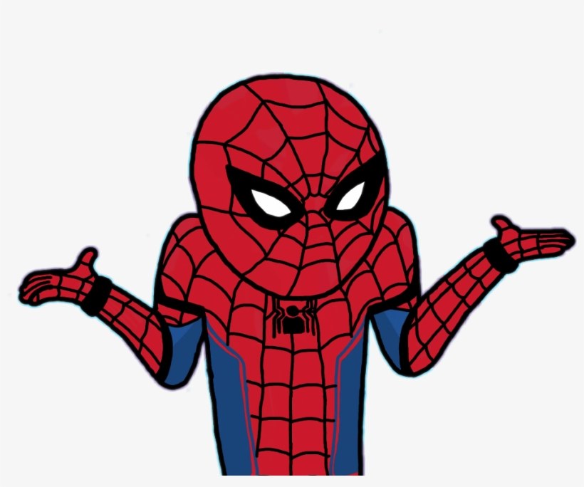 Cartoon of a masked superhero in a red and blue web-patterned suit shrugging