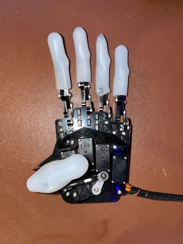 The finished 3D-printed prosthetic hand, palm side