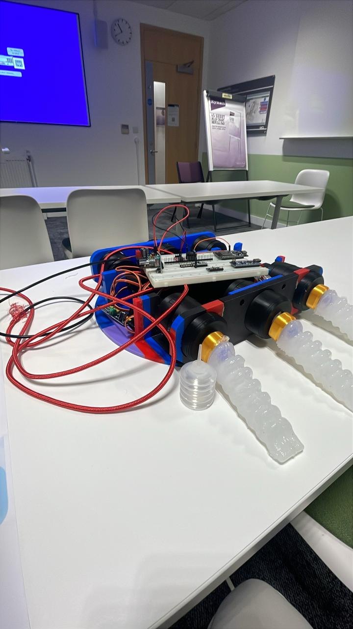 The built prototype on a table: blue printed chassis, bellows actuators, breadboard electronics and translucent silicone limbs