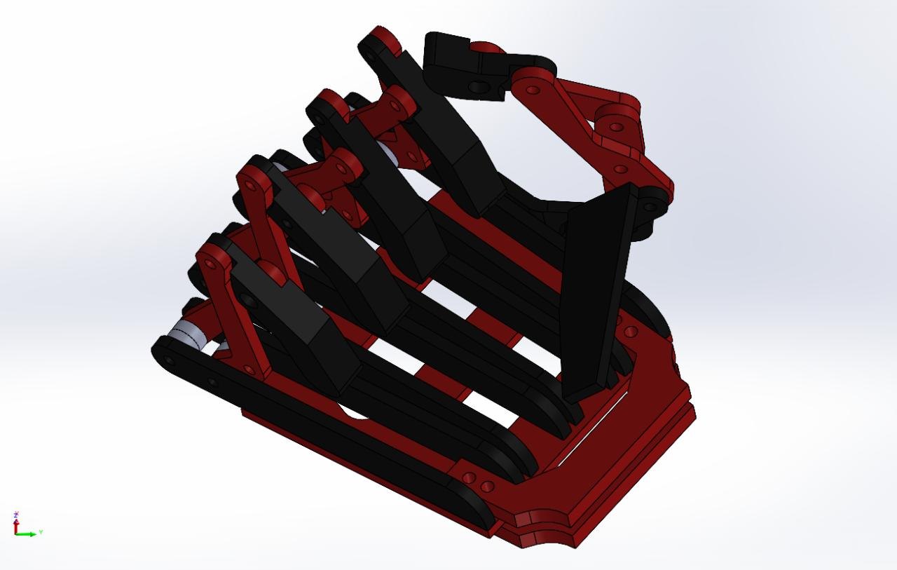 SolidWorks CAD assembly of the hand: five joint-linkage fingers on a red palm plate